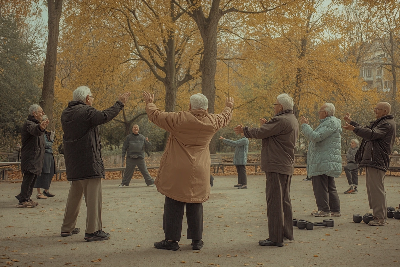 Щасливі активні пенсіонери займаються спортом на природі